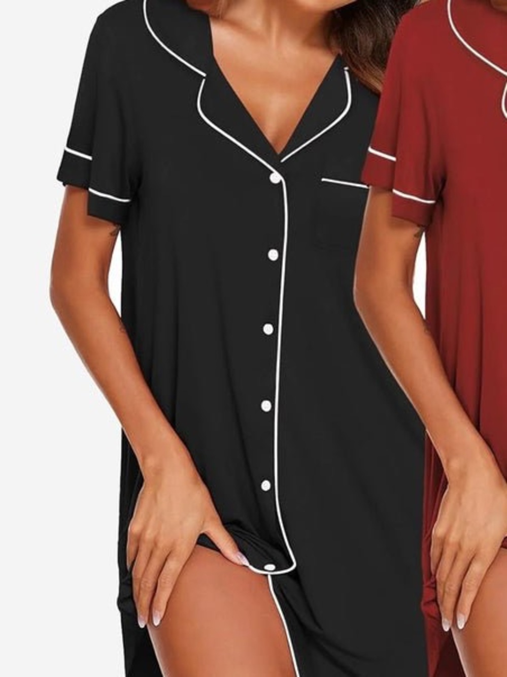 Ekouaer Black Short Sleeve Button-Front Nightshirt